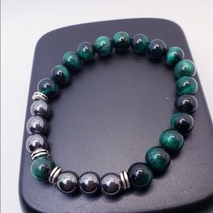 Men Tiger’s Eye & Hematite Healing Bead Stretch Bracelet Sz 7.5”